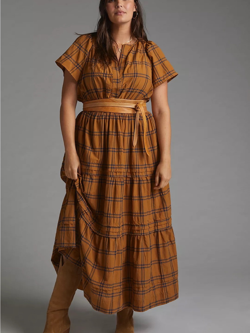 Anthropologie Maeve Navy Tan Plaid Tiered Maxi Maxi Dress XL